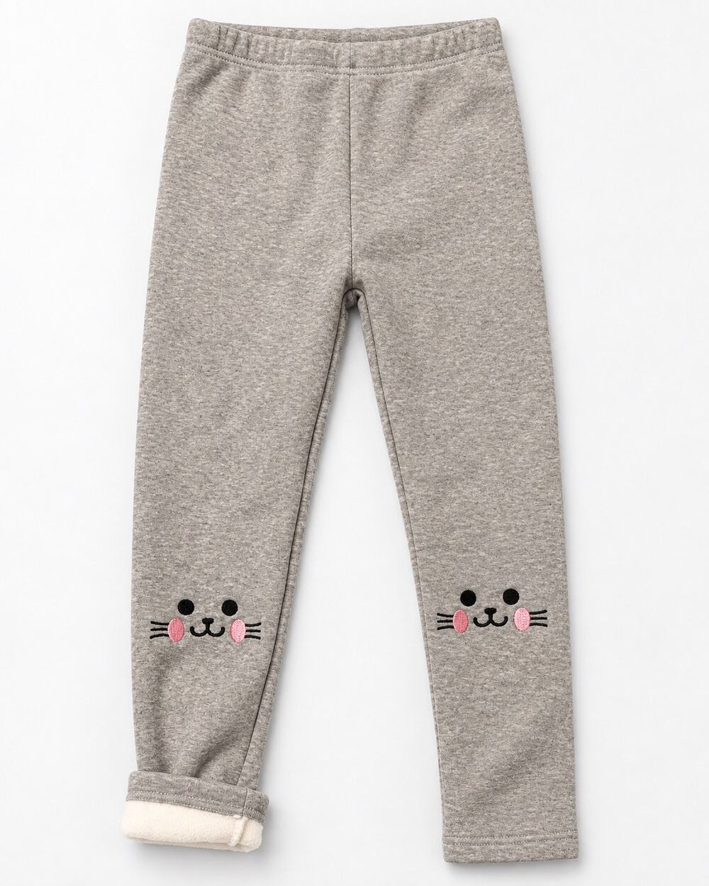 6x Gray fleece lined kids leggings with embroidered cat
